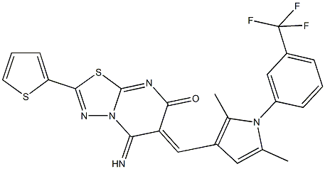 6-({2,5-dimethyl-1-[3-(trifluoromethyl)phenyl]-1H-pyrrol-3-yl}methylene)-5-imino-2-(2-thienyl)-5,6-dihydro-7H-[1,3,4]thiadiazolo[3,2-a]pyrimidin-7-one Struktur