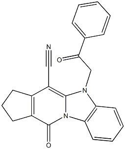 11-oxo-5-(2-oxo-2-phenylethyl)-2,3,5,11-tetrahydro-1H-cyclopenta[4,5]pyrido[1,2-a]benzimidazole-4-carbonitrile Struktur