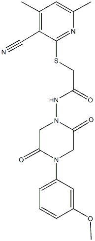 2-[(3-cyano-4,6-dimethyl-2-pyridinyl)sulfanyl]-N-[4-(3-methoxyphenyl)-2,5-dioxo-1-piperazinyl]acetamide Struktur