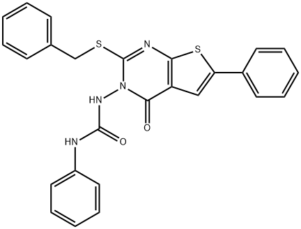 N-(2-(benzylsulfanyl)-4-oxo-6-phenylthieno[2,3-d]pyrimidin-3(4H)-yl)-N'-phenylurea Struktur