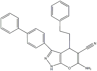 6-amino-3-[1,1'-biphenyl]-4-yl-4-(2-phenylethyl)-1,4-dihydropyrano[2,3-c]pyrazole-5-carbonitrile Struktur