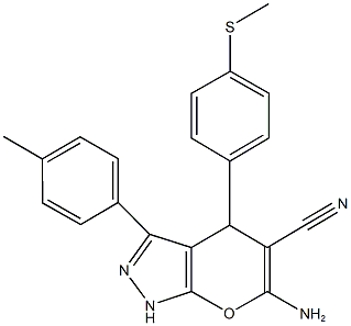 6-amino-3-(4-methylphenyl)-4-[4-(methylsulfanyl)phenyl]-1,4-dihydropyrano[2,3-c]pyrazole-5-carbonitrile Struktur