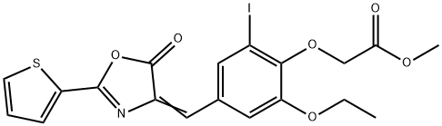 methyl {2-ethoxy-6-iodo-4-[(5-oxo-2-(2-thienyl)-1,3-oxazol-4(5H)-ylidene)methyl]phenoxy}acetate Struktur