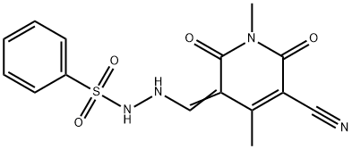 N'-[(5-cyano-1,4-dimethyl-2,6-dioxo-1,6-dihydro-3(2H)-pyridinylidene)methyl]benzenesulfonohydrazide Struktur