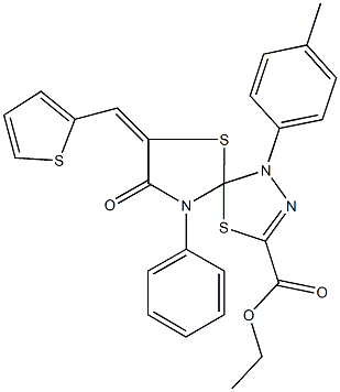 ethyl 1-(4-methylphenyl)-8-oxo-9-phenyl-7-(thien-2-ylmethylene)-4,6-dithia-1,2,9-triazaspiro[4.4]non-2-ene-3-carboxylate Struktur