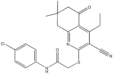 N-(4-chlorophenyl)-2-[(3-cyano-4-ethyl-7,7-dimethyl-5-oxo-5,6,7,8-tetrahydro-2-quinolinyl)sulfanyl]acetamide Struktur