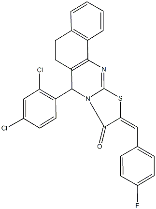 7-(2,4-dichlorophenyl)-10-(4-fluorobenzylidene)-5,7-dihydro-6H-benzo[h][1,3]thiazolo[2,3-b]quinazolin-9(10H)-one Struktur