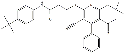 N-(4-tert-butylphenyl)-3-[(3-cyano-7,7-dimethyl-5-oxo-4-phenyl-5,6,7,8-tetrahydro-2-quinolinyl)sulfanyl]propanamide Struktur