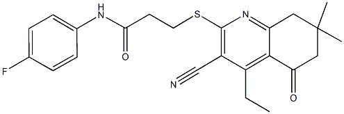 3-[(3-cyano-4-ethyl-7,7-dimethyl-5-oxo-5,6,7,8-tetrahydro-2-quinolinyl)sulfanyl]-N-(4-fluorophenyl)propanamide Struktur