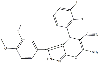 6-amino-4-(2,3-difluorophenyl)-3-(3,4-dimethoxyphenyl)-2,4-dihydropyrano[2,3-c]pyrazole-5-carbonitrile Struktur