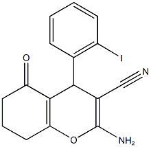 2-amino-4-(2-iodophenyl)-5-oxo-5,6,7,8-tetrahydro-4H-chromene-3-carbonitrile Struktur