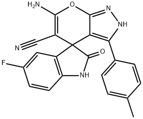 6'-amino-5'-cyano-6-fluoro-3'-(4-methylphenyl)-1,2',3,4'-tetrahydrospiro(2H-indole-3,4'-pyrano[2,3-c]pyrazole)-2-one Struktur