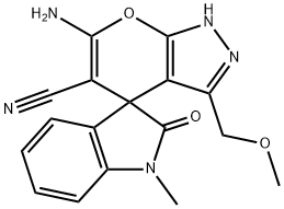 6'-amino-1-methyl-3'-(methoxymethyl)-1,2',3,4'-tetrahydro-2-oxospiro(2H-indole-3,4'-pyrano[2,3-c]pyrazole)-5'-carbonitrile Struktur