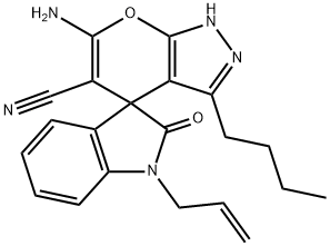 1-allyl-6'-amino-3'-butyl-1,1',3,4'-tetrahydro-2-oxospiro(2H-indole-3,4'-pyrano[2,3-c]pyrazole)-5'-carbonitrile Struktur