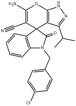 6'-amino-1-(4-chlorobenzyl)-3'-isopropyl-1,2',3,4'-tetrahydro-2-oxospiro(2H-indole-3,4'-pyrano[2,3-c]pyrazole)-5'-carbonitrile Struktur