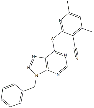 2-[(3-benzyl-3H-[1,2,3]triazolo[4,5-d]pyrimidin-7-yl)sulfanyl]-4,6-dimethylnicotinonitrile Struktur