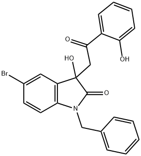 1-benzyl-5-bromo-3-hydroxy-3-[2-(2-hydroxyphenyl)-2-oxoethyl]-1,3-dihydro-2H-indol-2-one Struktur