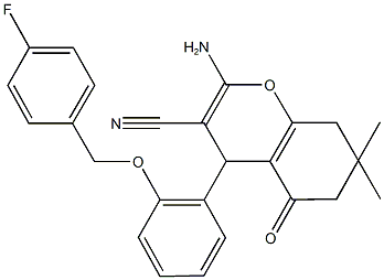 2-amino-4-{2-[(4-fluorobenzyl)oxy]phenyl}-7,7-dimethyl-5-oxo-5,6,7,8-tetrahydro-4H-chromene-3-carbonitrile Struktur