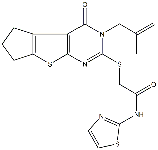 2-{[3-(2-methyl-2-propenyl)-4-oxo-3,5,6,7-tetrahydro-4H-cyclopenta[4,5]thieno[2,3-d]pyrimidin-2-yl]thio}-N-(1,3-thiazol-2-yl)acetamide Struktur