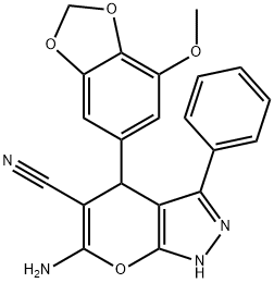 6-amino-4-(7-methoxy-1,3-benzodioxol-5-yl)-3-phenyl-2,4-dihydropyrano[2,3-c]pyrazole-5-carbonitrile Struktur