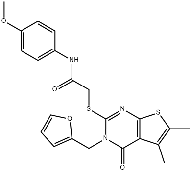 2-{[3-(2-furylmethyl)-5,6-dimethyl-4-oxo-3,4-dihydrothieno[2,3-d]pyrimidin-2-yl]sulfanyl}-N-(4-methoxyphenyl)acetamide Struktur