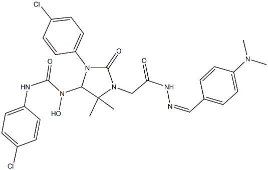 N'-(4-chlorophenyl)-N-[3-(4-chlorophenyl)-1-(2-{2-[4-(dimethylamino)benzylidene]hydrazino}-2-oxoethyl)-5,5-dimethyl-2-oxo-4-imidazolidinyl]-N-hydroxyurea Struktur