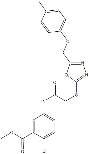 methyl 2-chloro-5-{[({5-[(4-methylphenoxy)methyl]-1,3,4-oxadiazol-2-yl}sulfanyl)acetyl]amino}benzoate Struktur