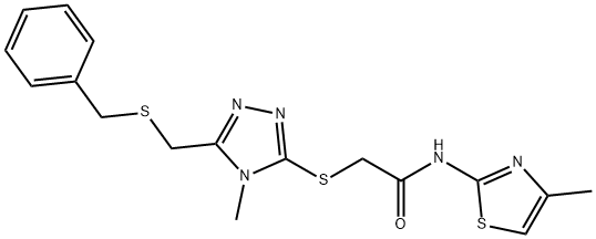 2-({5-[(benzylsulfanyl)methyl]-4-methyl-4H-1,2,4-triazol-3-yl}sulfanyl)-N-(4-methyl-1,3-thiazol-2-yl)acetamide Struktur