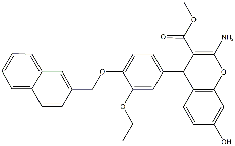 methyl 2-amino-4-[3-ethoxy-4-(2-naphthylmethoxy)phenyl]-7-hydroxy-4H-chromene-3-carboxylate Struktur