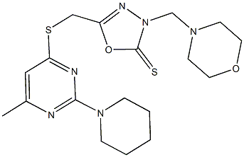 5-({[6-methyl-2-(1-piperidinyl)-4-pyrimidinyl]sulfanyl}methyl)-3-(4-morpholinylmethyl)-1,3,4-oxadiazole-2(3H)-thione Struktur