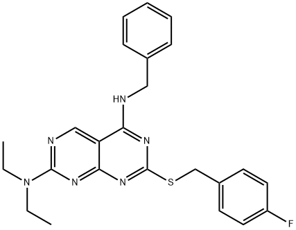 N-benzyl-N-{7-(diethylamino)-2-[(4-fluorobenzyl)sulfanyl]pyrimido[4,5-d]pyrimidin-4-yl}amine Struktur