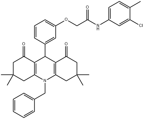 2-[3-(10-benzyl-3,3,6,6-tetramethyl-1,8-dioxo-1,2,3,4,5,6,7,8,9,10-decahydro-9-acridinyl)phenoxy]-N-(3-chloro-4-methylphenyl)acetamide Struktur