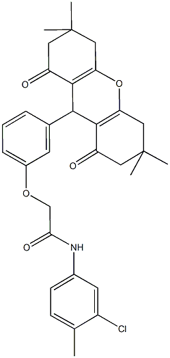 N-(3-chloro-4-methylphenyl)-2-[3-(3,3,6,6-tetramethyl-1,8-dioxo-2,3,4,5,6,7,8,9-octahydro-1H-xanthen-9-yl)phenoxy]acetamide Struktur