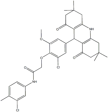 2-[2-chloro-6-methoxy-4-(3,3,6,6-tetramethyl-1,8-dioxo-1,2,3,4,5,6,7,8,9,10-decahydro-9-acridinyl)phenoxy]-N-(3-chloro-4-methylphenyl)acetamide Struktur