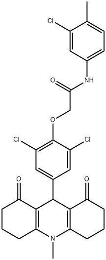 N-(3-chloro-4-methylphenyl)-2-[2,6-dichloro-4-(10-methyl-1,8-dioxo-1,2,3,4,5,6,7,8,9,10-decahydro-9-acridinyl)phenoxy]acetamide Struktur