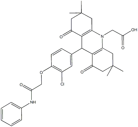 (9-[4-(2-anilino-2-oxoethoxy)-3-chlorophenyl]-3,3,6,6-tetramethyl-1,8-dioxo-2,3,4,5,6,7,8,9-octahydro-10(1H)-acridinyl)acetic acid Struktur