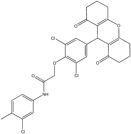 N-(3-chloro-4-methylphenyl)-2-[2,6-dichloro-4-(1,8-dioxo-2,3,4,5,6,7,8,9-octahydro-1H-xanthen-9-yl)phenoxy]acetamide Struktur