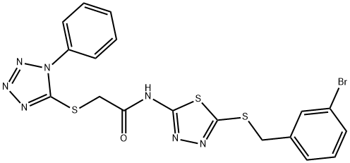 N-{5-[(3-bromobenzyl)sulfanyl]-1,3,4-thiadiazol-2-yl}-2-[(1-phenyl-1H-tetraazol-5-yl)sulfanyl]acetamide Struktur