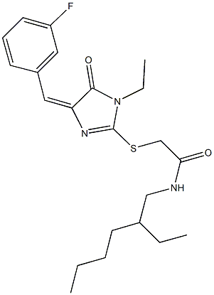 2-{[1-ethyl-4-(3-fluorobenzylidene)-5-oxo-4,5-dihydro-1H-imidazol-2-yl]sulfanyl}-N-(2-ethylhexyl)acetamide Struktur