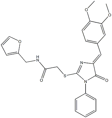 2-{[4-(3,4-dimethoxybenzylidene)-5-oxo-1-phenyl-4,5-dihydro-1H-imidazol-2-yl]sulfanyl}-N-(2-furylmethyl)acetamide Struktur