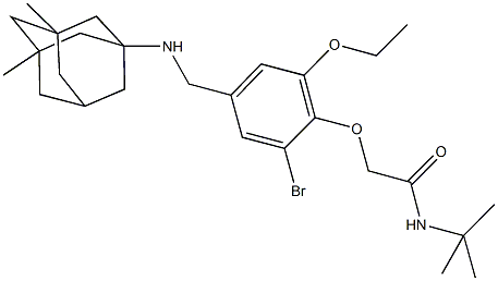 2-(2-bromo-4-{[(3,5-dimethyl-1-adamantyl)amino]methyl}-6-ethoxyphenoxy)-N-(tert-butyl)acetamide Struktur