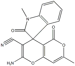 2'-amino-1,7'-dimethyl-1,3-dihydro-2,5'-dioxospiro(2H-indole-3,4'-4'H,5'H-pyrano[4,3-b]pyran)-3'-carbonitrile Struktur