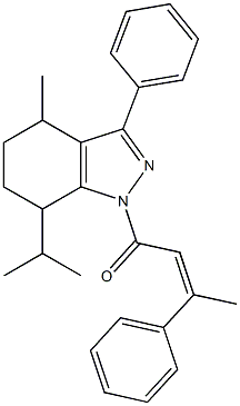 7-isopropyl-4-methyl-3-phenyl-1-(3-phenyl-2-butenoyl)-4,5,6,7-tetrahydro-1H-indazole Struktur