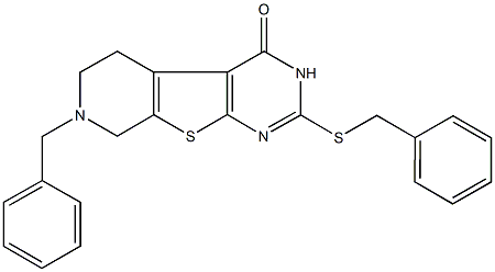 7-benzyl-2-(benzylsulfanyl)-5,6,7,8-tetrahydropyrido[4',3':4,5]thieno[2,3-d]pyrimidin-4(3H)-one Struktur