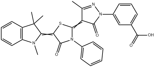 3-{3-methyl-5-oxo-4-[4-oxo-3-phenyl-5-(1,3,3-trimethyl-1,3-dihydro-2H-indol-2-ylidene)-1,3-thiazolidin-2-ylidene]-4,5-dihydro-1H-pyrazol-1-yl}benzoic acid Struktur