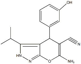 6-amino-4-(3-hydroxyphenyl)-3-isopropyl-2,4-dihydropyrano[2,3-c]pyrazole-5-carbonitrile Struktur