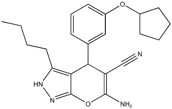 6-amino-3-butyl-4-[3-(cyclopentyloxy)phenyl]-2,4-dihydropyrano[2,3-c]pyrazole-5-carbonitrile Struktur