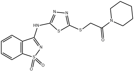 N-(1,1-dioxido-1,2-benzisothiazol-3-yl)-N-(5-{[2-oxo-2-(1-piperidinyl)ethyl]sulfanyl}-1,3,4-thiadiazol-2-yl)amine Struktur