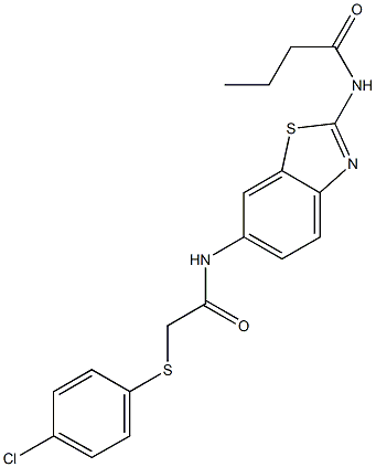 N-[6-({2-[(4-chlorophenyl)sulfanyl]acetyl}amino)-1,3-benzothiazol-2-yl]butanamide Struktur