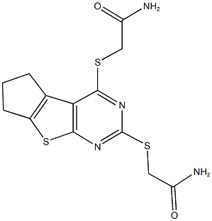 2-({2-[(2-amino-2-oxoethyl)sulfanyl]-6,7-dihydro-5H-cyclopenta[4,5]thieno[2,3-d]pyrimidin-4-yl}sulfanyl)acetamide Struktur